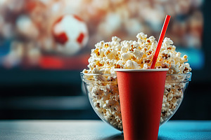 Watching a soccer match with popcorn and a refreshing drink in hand, a Food & Drink Photo by AlyaAnd
