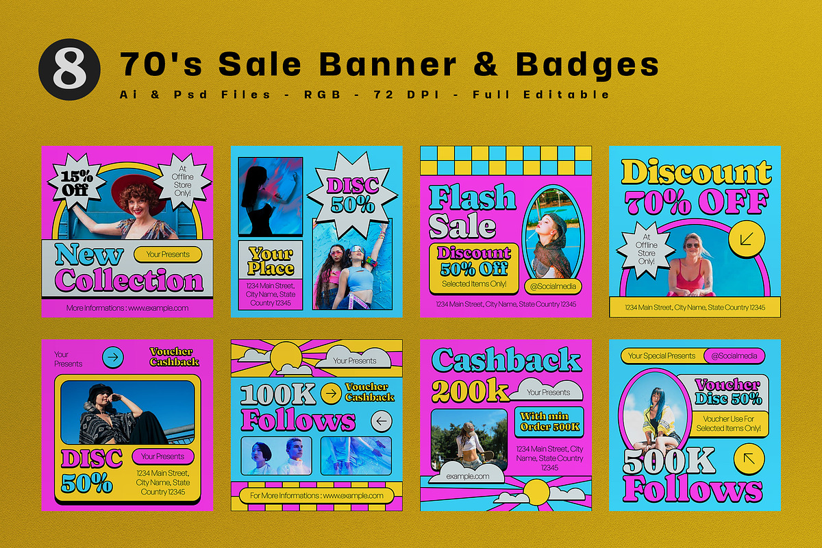 Pink Blue 70's Fashion Sale Banner, an UI Kit Template by graphicook (Photo 2 of 10)