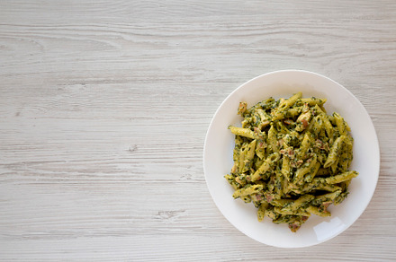 Homemade One-Pot Chicken Spinach Bacon Alfredo Pasta on a plate, a Food & Drink Photo by LiudmylaChuhunova