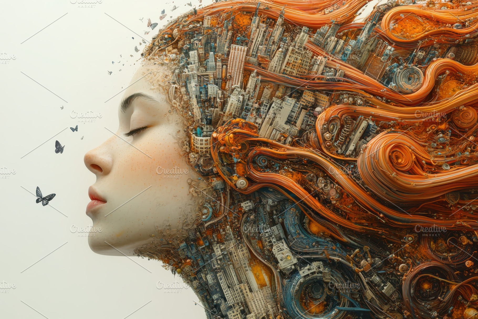 Woman Cityscape Hair Butterflies Dre, a Photo by Pixeness Studio