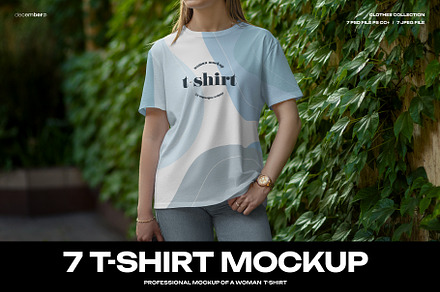 7 Mockups T-Shirt on a Girl Walking, a Shirt Mockup by DECEMBER.DSGN