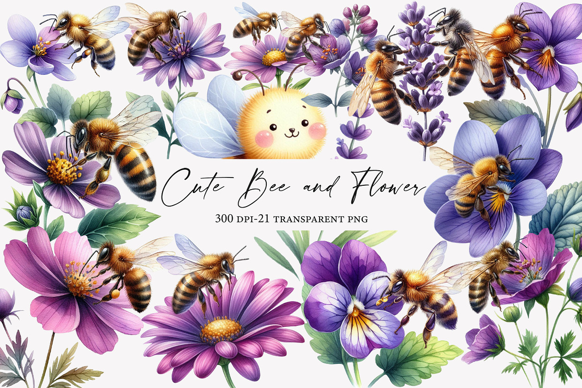 Cute Bee and Flower Clipart, an Illustration by Designworld (Photo 1 of 6)