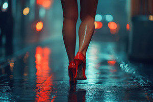 Stylish woman confidently walking in, a Photo by Tanuart
