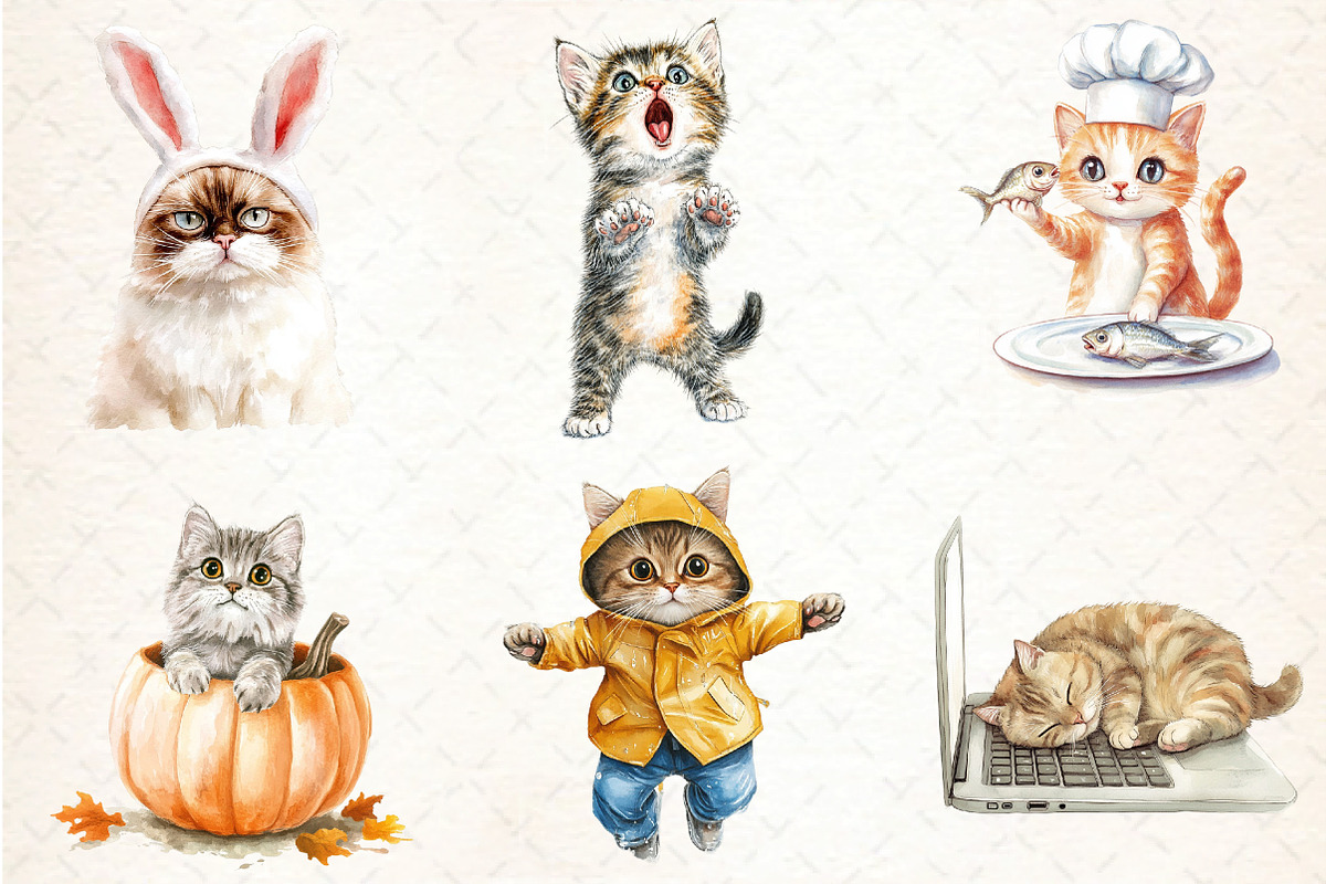 Watercolor Funny Cats Clipart, an Illustration by DreamCafeArt (Photo 2 of 3)