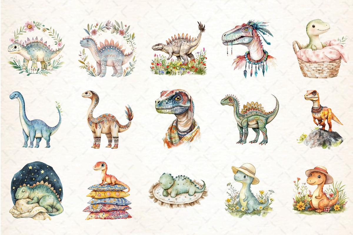 Watercolor Dinosaurs Boho Clipart, an Illustration by DreamCafeArt (Photo 3 of 5)