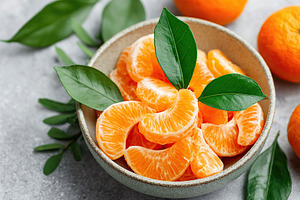 Fresh mandarin segments arranged in a bowl with leafy accents and whole fruit n, a Food & Drink Photo by AlyaAnd