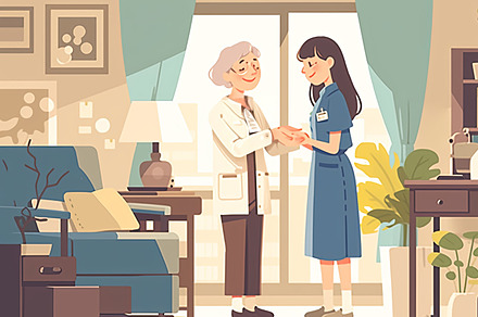 Caring nurse assisting elderly woman in a cozy home setting, an Illustration by AS photostudio