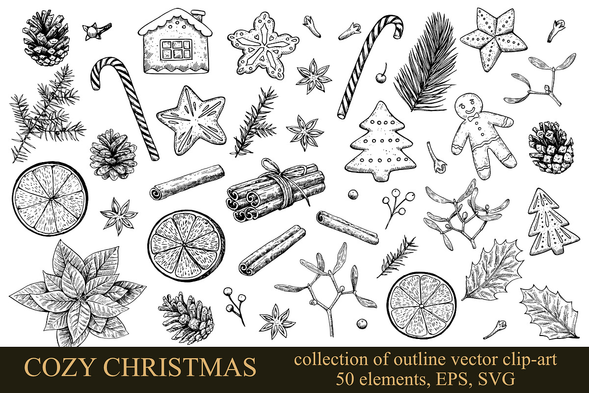 Black and white Christmas clip-art, a Seasonal Illustration by Robusta (Photo 1 of 3)