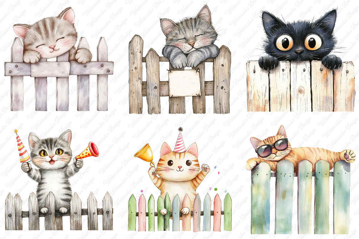 Watercolor Funny Cats on Fence PNG, an Illustration by Watercolor design (Photo 3 of 12)