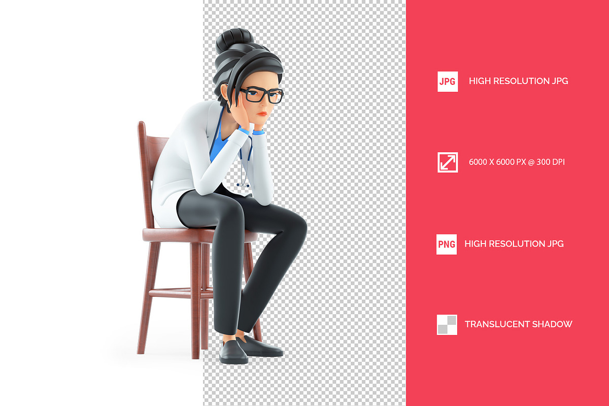 3D Cartoon Female Doctor Sitting on, a Person Illustration by 3DMask