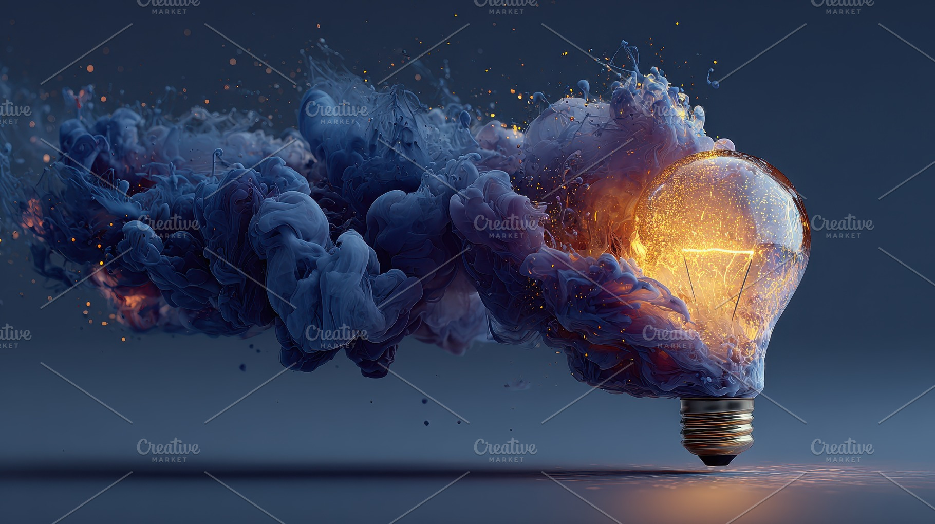 Glowing Lightbulb with Blue Ink Expl, a Photo by Pixeness Studio