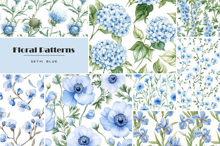 Watercolor blue flowers pattern set, a Pattern Graphic by Art and Funny