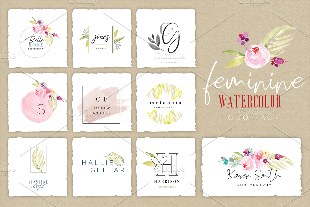 Feminine Watercolor Logo Pack, a Branding & Logo Template by Susan Brand Design (Photo 1 of 2)