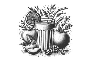 fruit smoothie glass engraving, a Food Illustration by AlexArt
