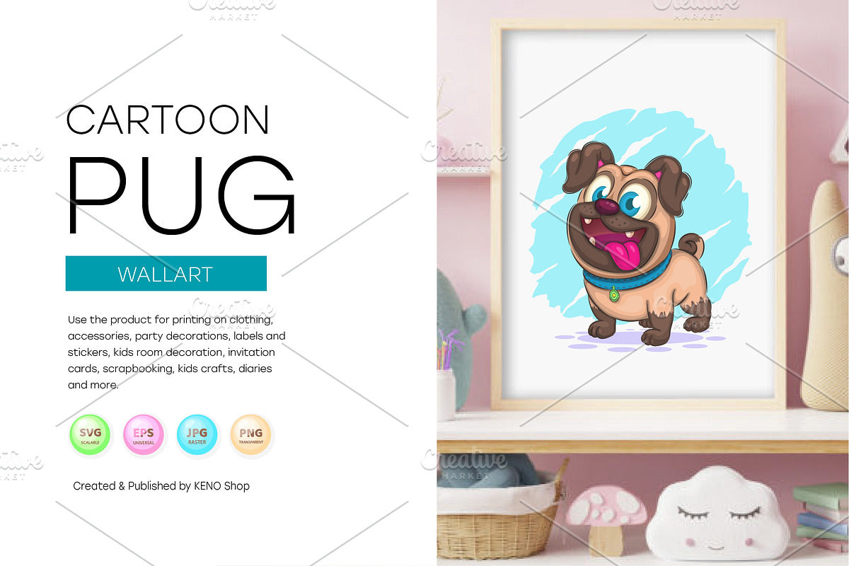 Cute cartoon pug, Tshirt, PNG., an Animal Illustration by KENO Mascots (Photo 3 of 6)