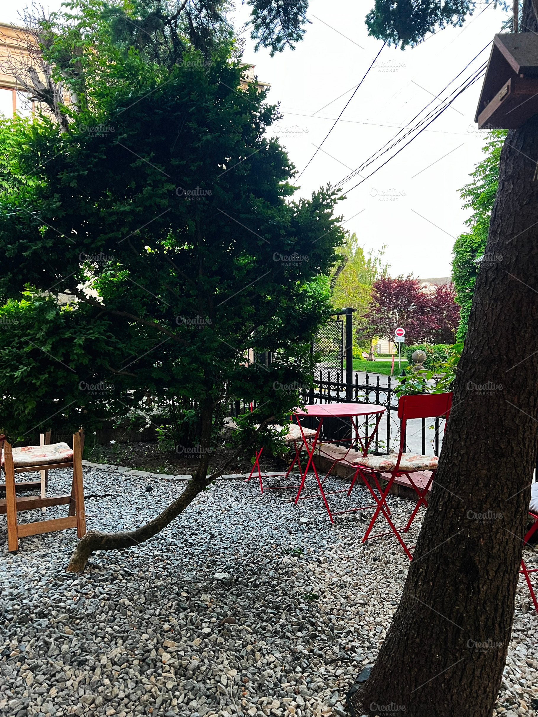 Outdoor garden with red furniture surrounded by lush green foliage, a Photo by AS photostudio