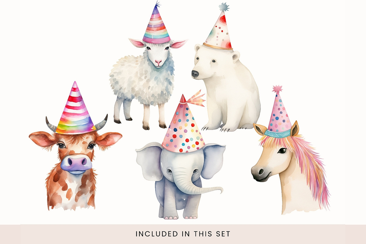 Animals in Party Hats Clipart, Cute, a Decorative Illustration by illuztrate (Photo 8 of 8)