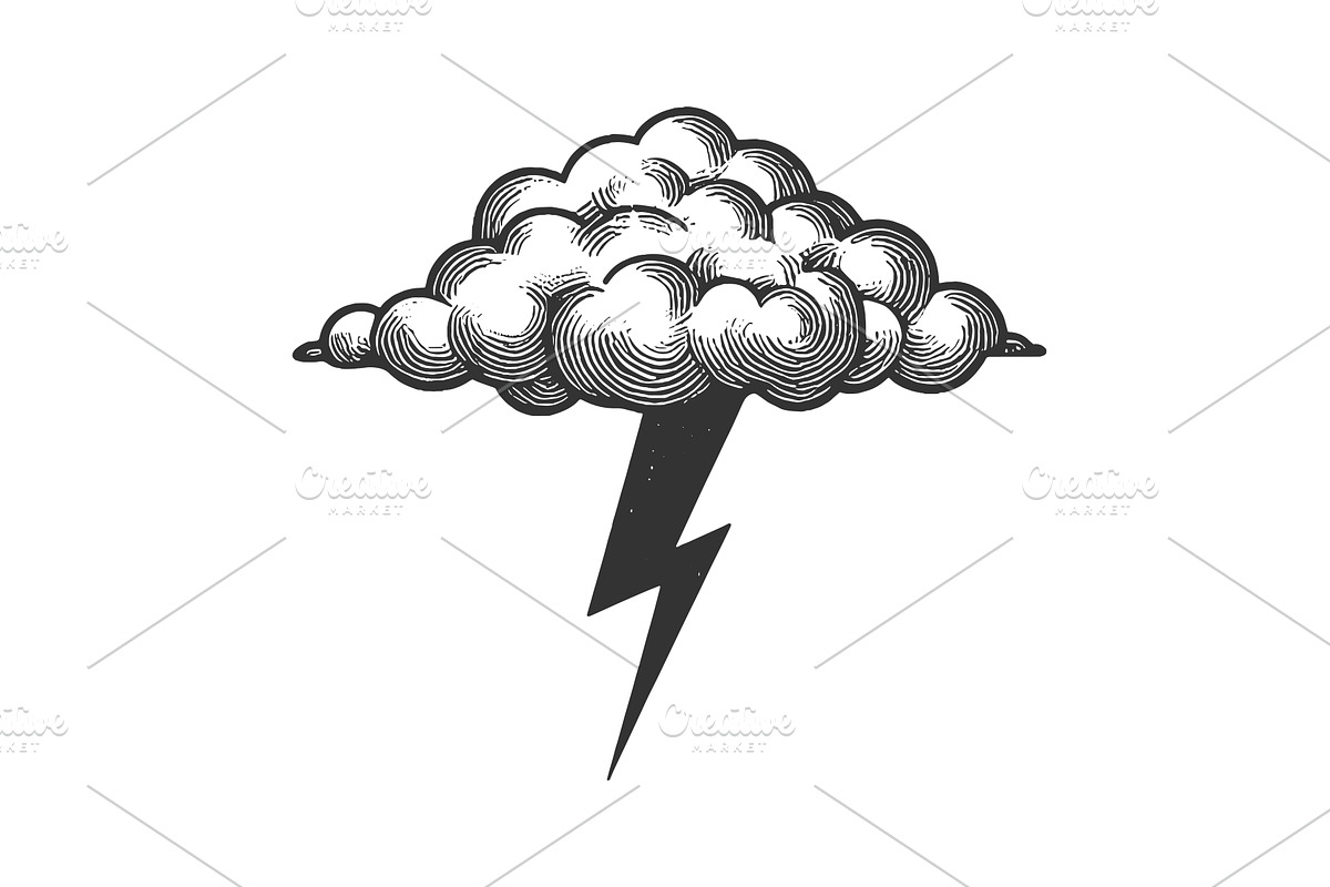 lightning cloud engraving vector, an Illustration by AlexArt