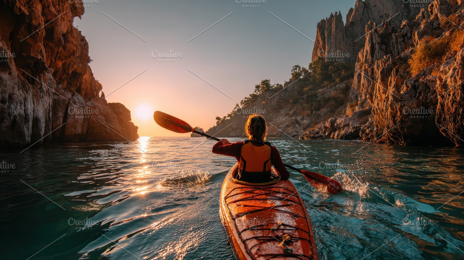 Kayaking at Sunset Coastal Rocks Adv, a Photo by Pixeness Studio