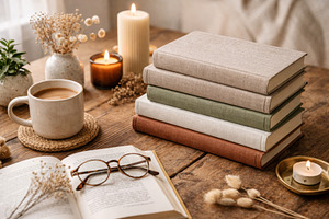 Cozy reading club setup with stacked, a Photo by Dvoevnore photos