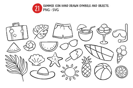 Summer Icon hand drawn symbols.