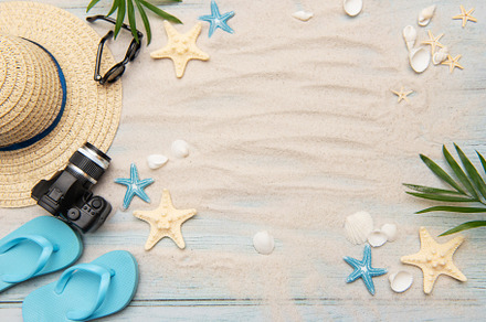 Summer beach vacation background with accessories creating relax