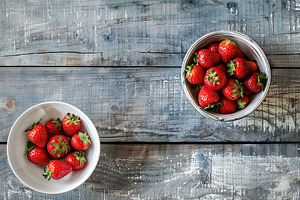 Flat lay of red strawberries in bowls on wooden table, a Food & Drink Photo by AlyaAnd