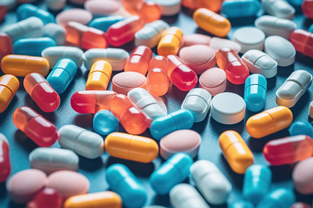 Illustration of different medicine pills on blue background, a Health & Medical Photo by AlyaAnd