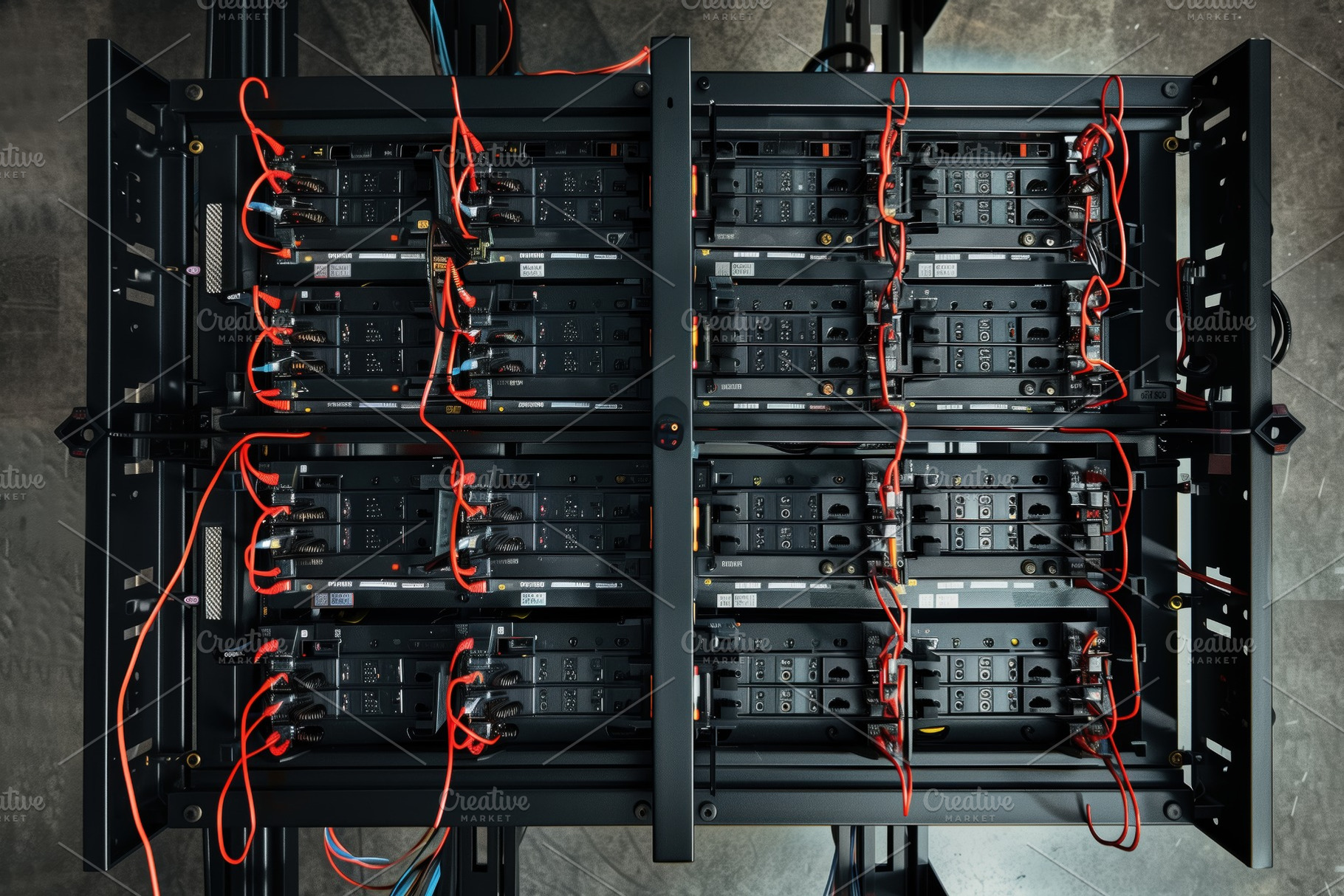 Complex server rack filled with multiple power distribution units and ...