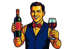 sommelier holding wine bottle and, a Person Illustration by AlexArt