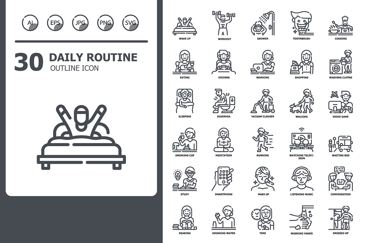 30 Daily routine Icons x 4 Styles, an Icon by Wanicon