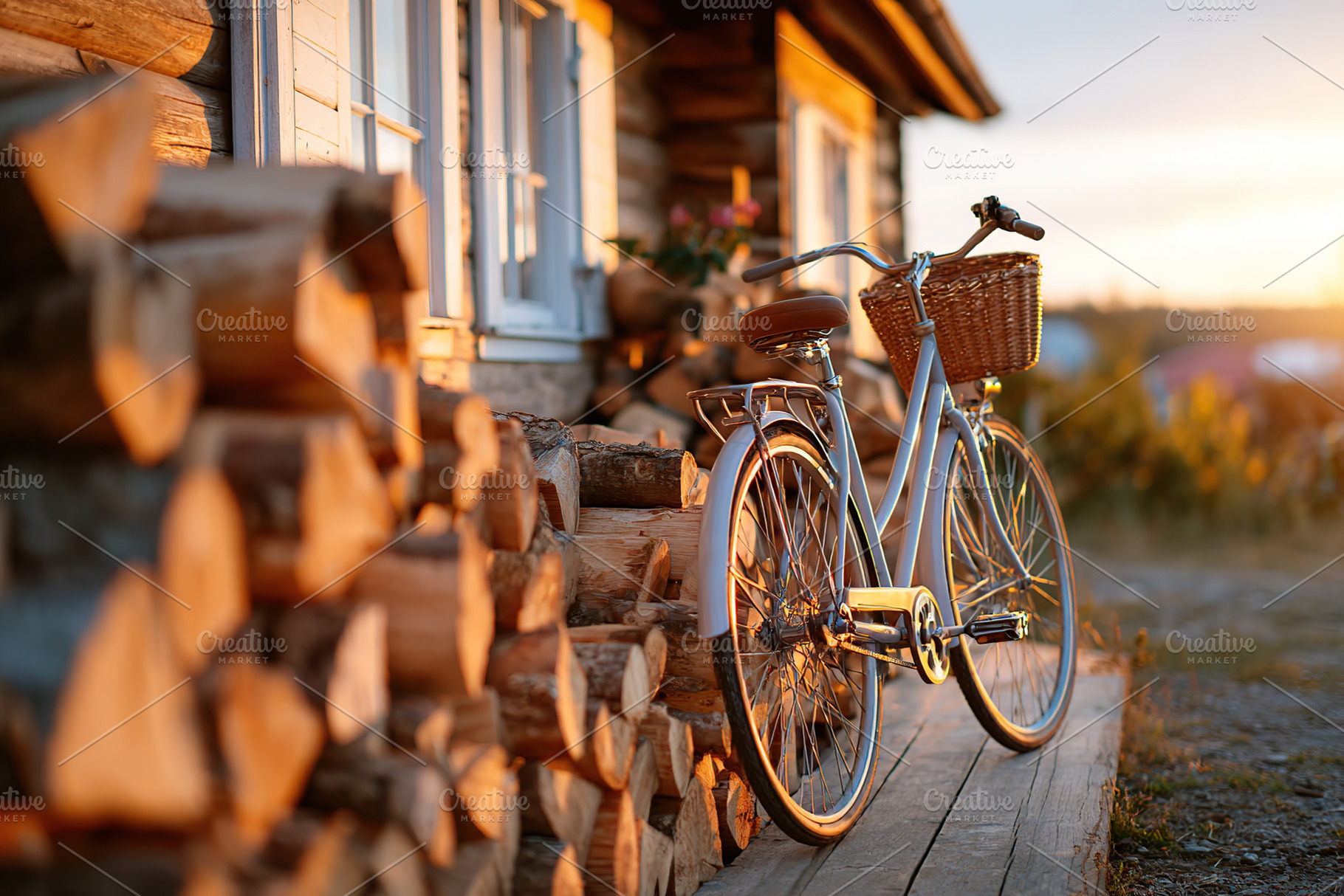 Bicycle resting against a wooden cabin during a serene sunset, a Photo by AlyaAnd