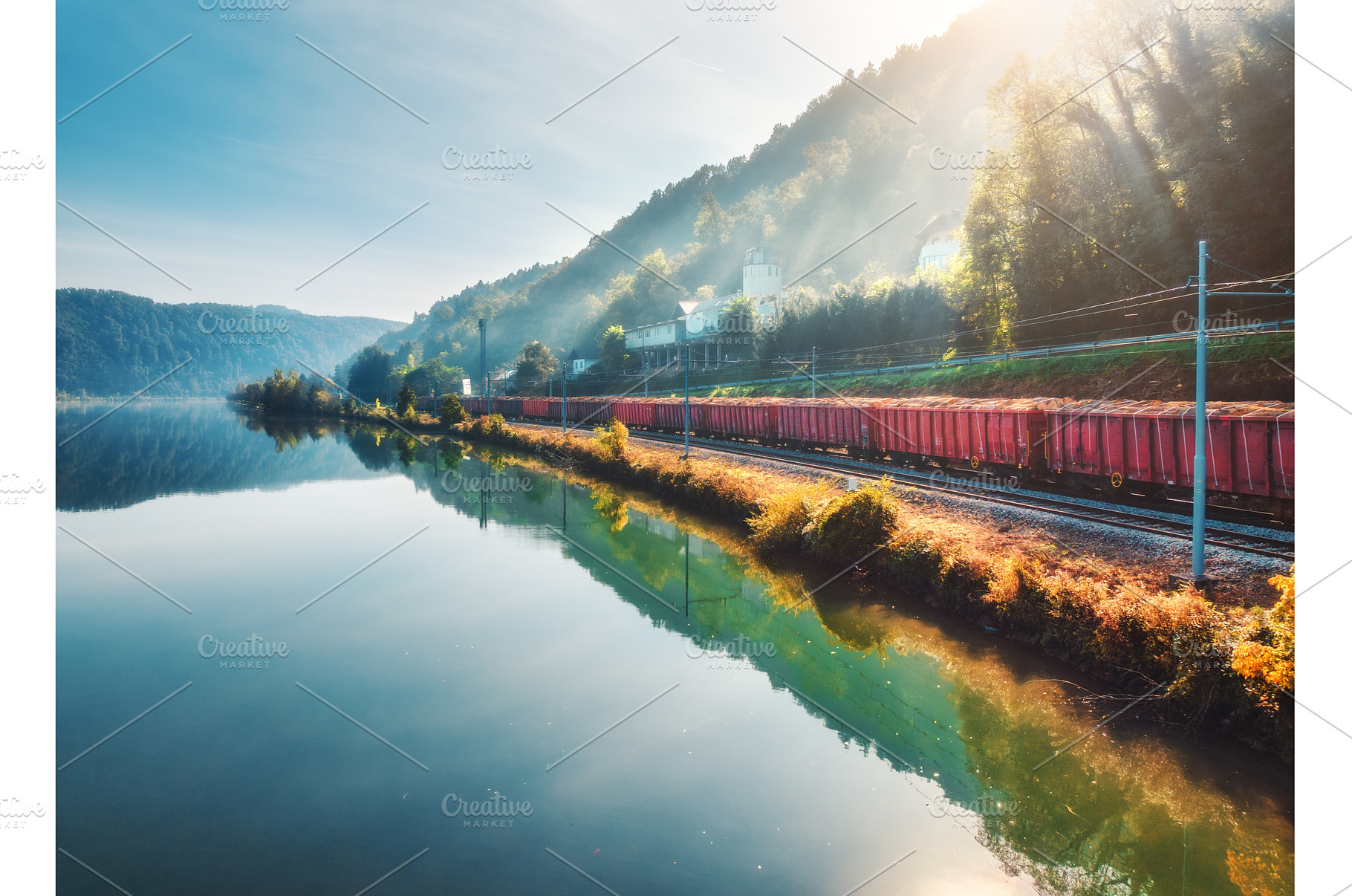 Aerial view of red freight train, a Transportation Photo by den-belitsky
