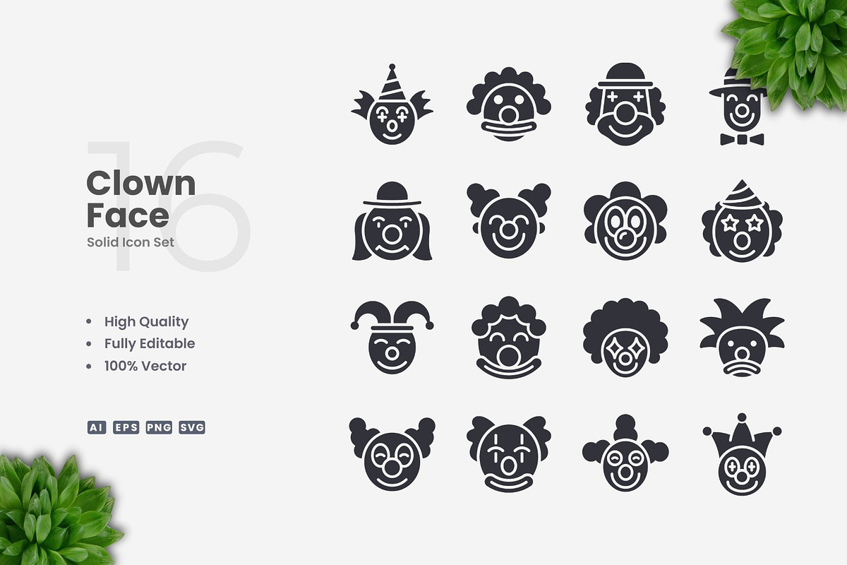 Clown Face Solid Icons, an Icon by Upnowgraphic