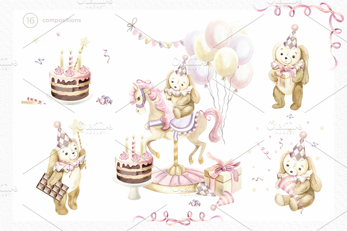 Birthday Bunny Watercolor collection, an Animal Illustration by Farida Bik (Photo 3 of 10)