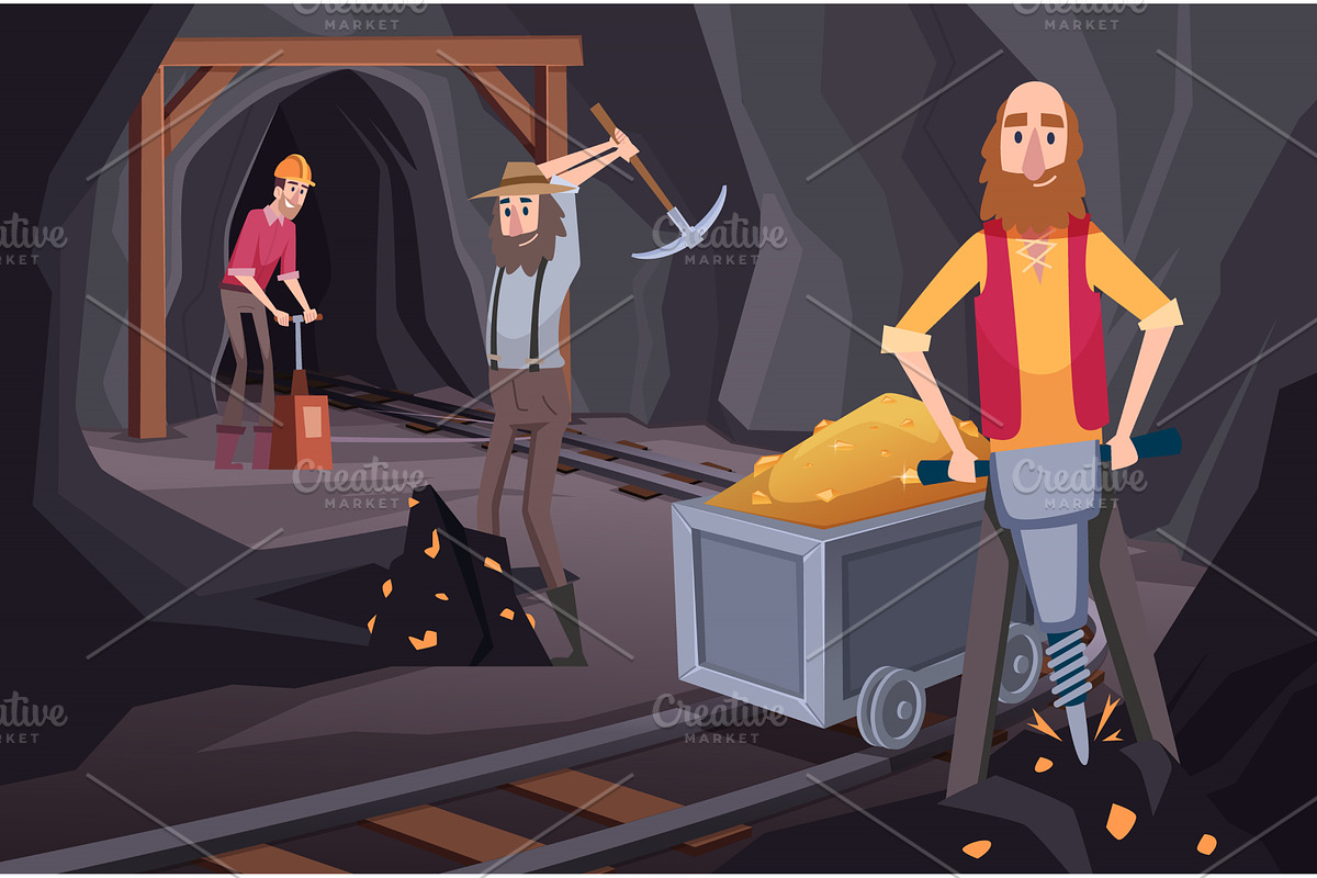 Miners working. mine with treasures, an Illustration by Onyx
