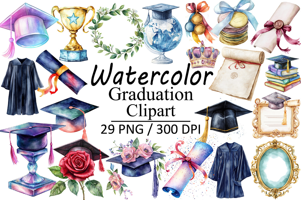 Watercolor Graduation Clipart, an Illustration by Design Market (Photo 1 of 3)