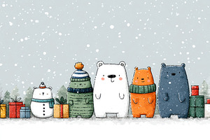 Adorable cartoon bears in winter clothes standing in snow with C, a Nature Photo by José Manuel Gelpi