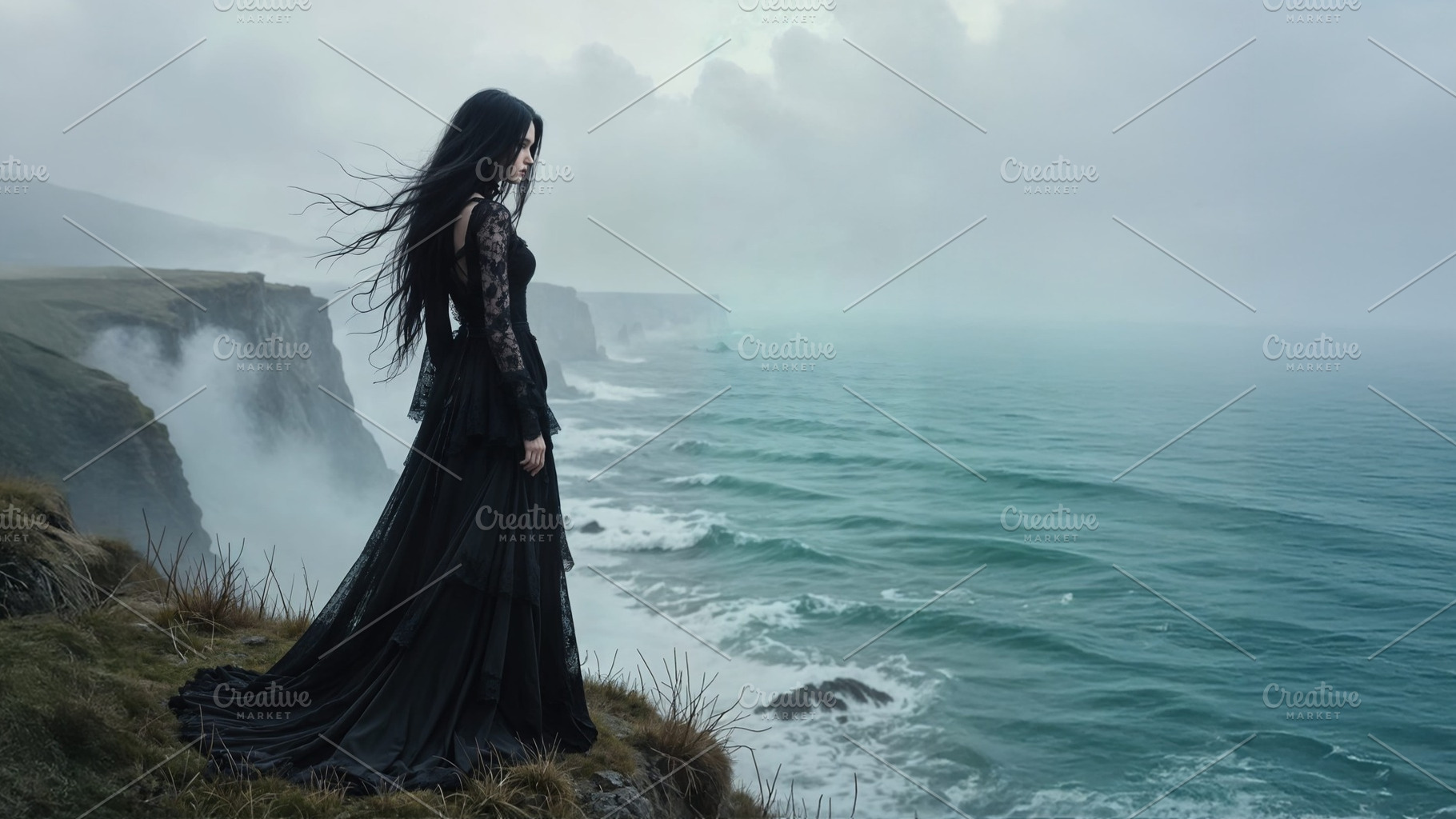beautiful young goth woman looking at the sea AI generated, a Photo by WorldOfPhotos