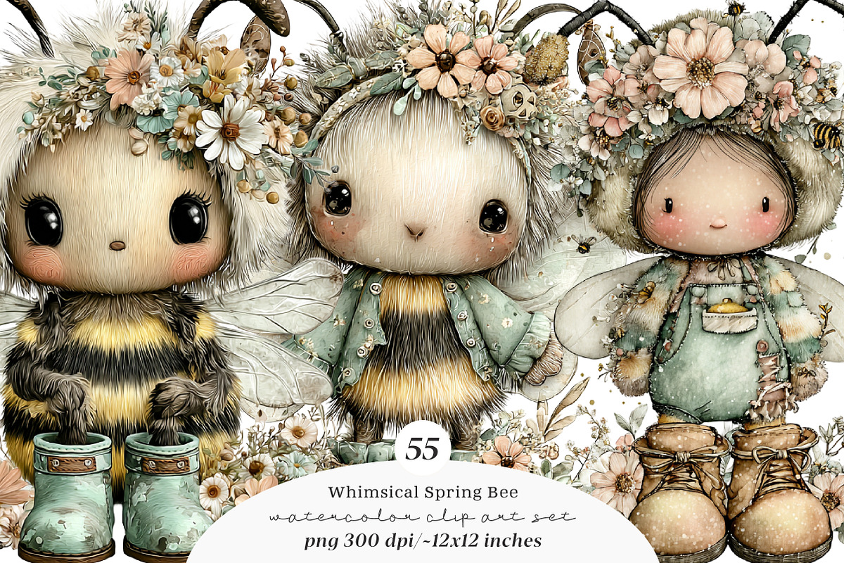 Whimsical spring bee clipart, an Illustration by SinaCreation (Photo 1 of 11)