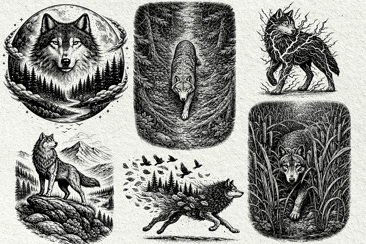 Wolf Wildlife Engraving Graphics, an Animal Illustration by DENIDigitalArtSudio (Photo 2 of 12)