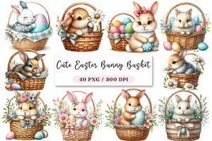 Cute Easter Bunny & Basket Clipart, an Illustration by DreamArtGraphic
