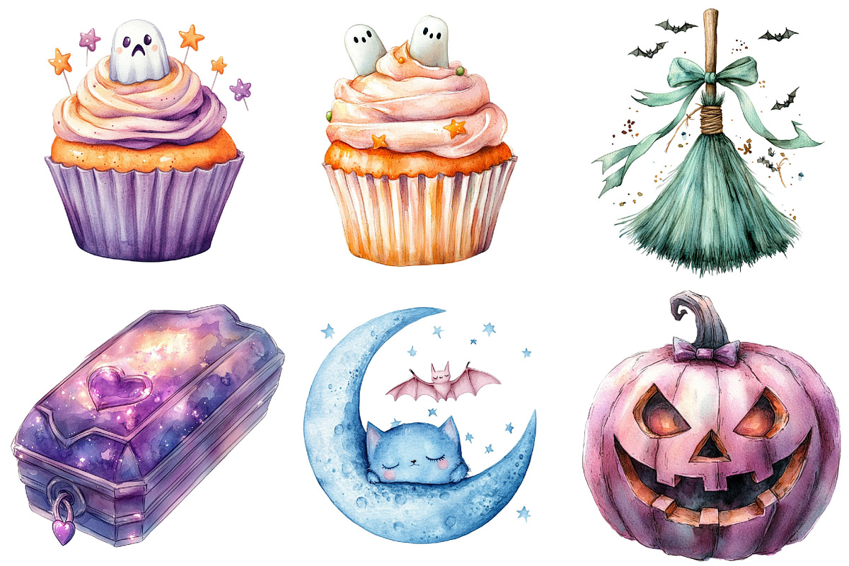 Cute Pastel Spooky Halloween Clipart, an Illustration by Watercolor design (Photo 2 of 4)