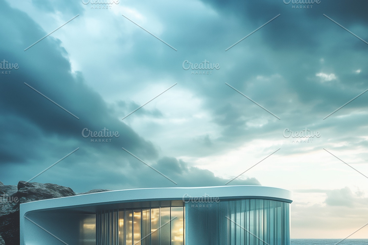 A modern architectural structure perched on a rocky coastline, surrounded by tu, a Technology Illustration by Textures & Backgrounds