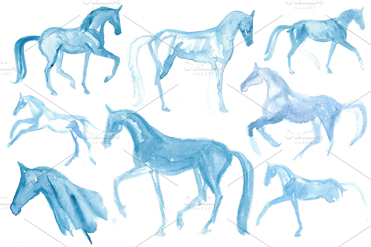 Watercolor Horses in Blue, an Illustration by Leah Suzanne