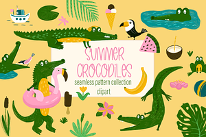 Summer Crocodile Patterns & ClipArt, an Animal Illustration by PenguinArtStudio