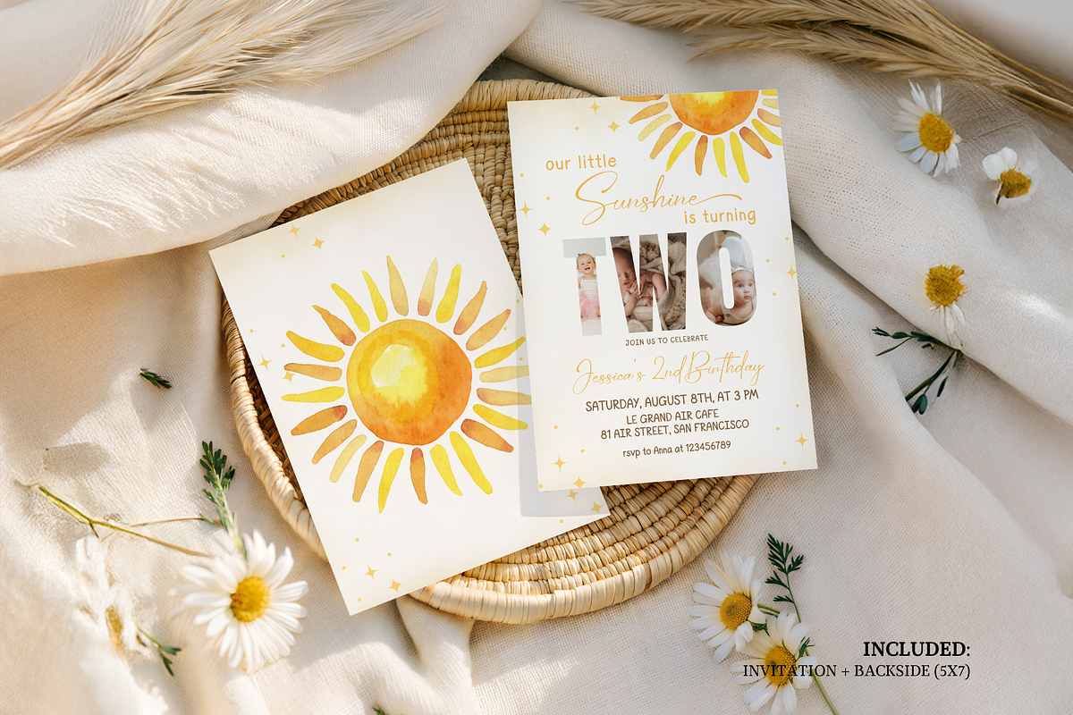 Sunshine Second Bday Photo Invite, a Templates & Theme by Digital_Mind (Photo 2 of 3)