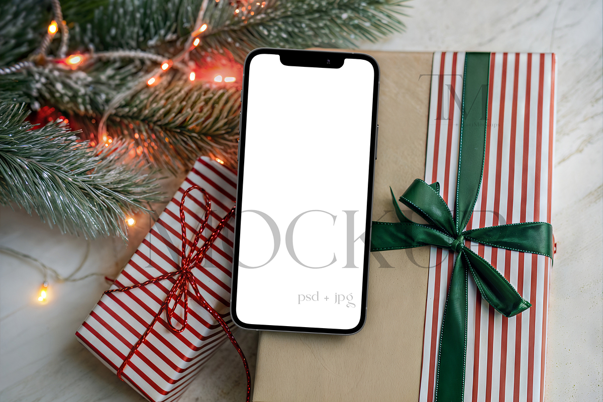 Christmas Phone Mockup Striped Gift, a Product Mockup by TatiMockup (Photo 1 of 5)