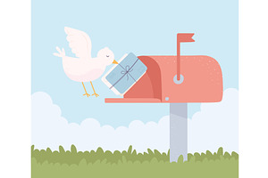 dove puts letters on mailbox, an Object Illustration by studiogstock