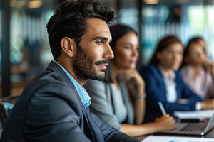 Diverse businesspeople sitting at office desk discussing business project toget, a Business Photo by AlyaAnd